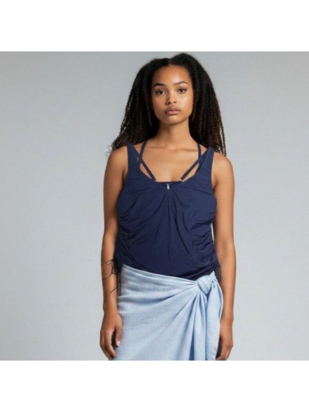 Lands End Womens Navy Blue V-Neck Underwire Tankini Top Size 18 Adjustable Ruche - Picture 2 of 12